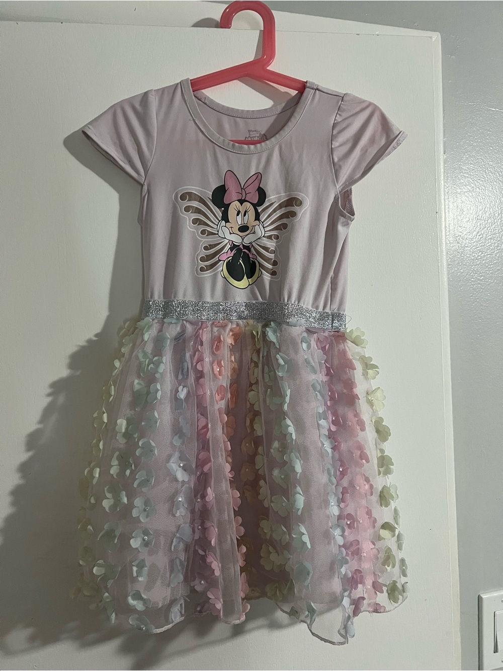 Disney Girls Pastel Pink Minnie Mouse Butterfly Dress with Silver Waistband